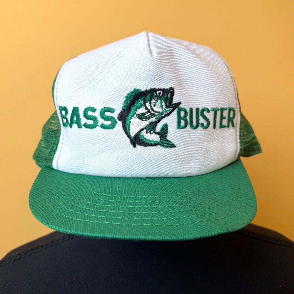 Vintage 80s Bass Buster Trucker Hat Mesh Snapback Fishing Cap Green White USA